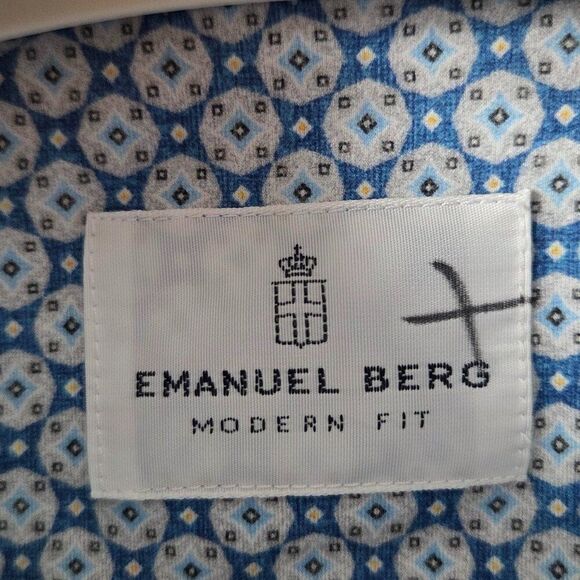Emanuel Berg Modern Fit Dress Shirt Size L 16.5 Blue Geometric Soft Button Up - Picture 6 of 9